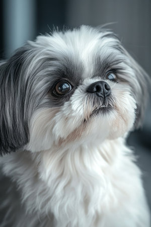 Adorable Shih Tzu Dog with Expressive Face and Captivating Eyes Against a Clean Gray Backgroundの素材
