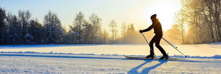 Skier Enjoying a Beautiful Sunrise Above Snow-Covered Mountains in a Serene Winter Wonderland Sceneの素材