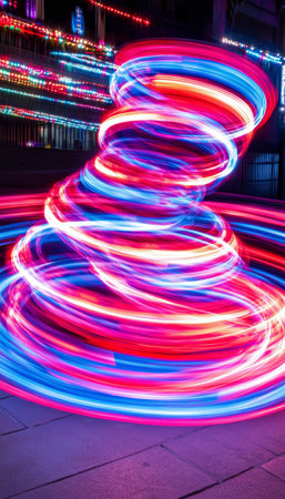 Vibrant and Electrifying Motion Spirals A Colorful Dance of Light Beams in the Night Skyの素材