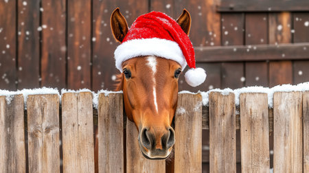 Chestnut Horse Prances in Christmas Cheer, Peeking Over Farm Fence in a Snowy Winter Scene.の素材