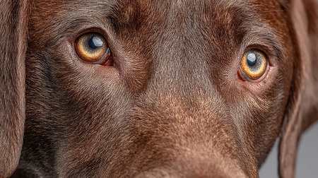 Stunning Close-Up Portrait of a Calm Labrador Dog with Golden Eyes Against a Soft Gray Backgroundの素材