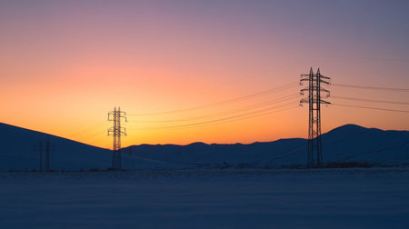 Electrification Horizon, Electrical Power Across the Horizon Under Pink and Orange Skied Landscapeの素材