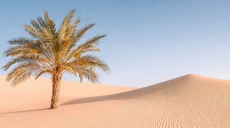Lone Palm Tree Standing Tall Amidst the Golden Sand Dunes of an Expansive Desert Landscapeの素材