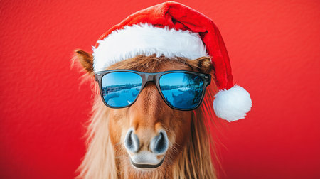Holiday Horse Antics A Festive Icelandic Equine with Santa Hat and Sunglasses Smiling Cheerfullyの素材