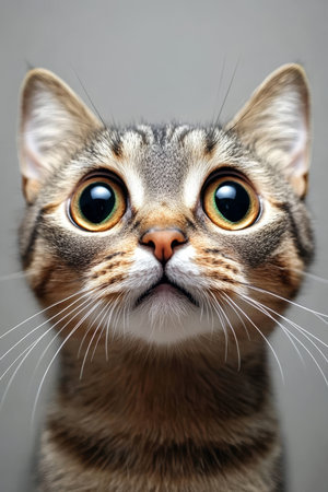 Charming Tabby Cat Portrait Adorable Gray-Furred Feline with Captivating, Playful Eyesの素材