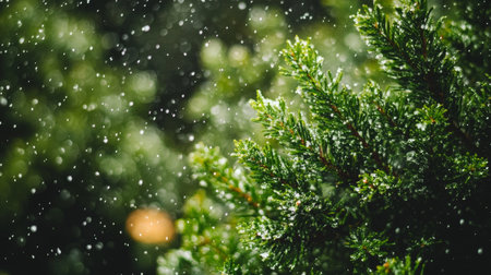 Softly Falling Snow Adorning Evergreen Trees, Creating a Winter Wonderland of Tranquility and Peaceの素材