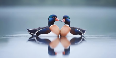 Majestic Mandarin Ducks Swimming Gracefully in Tranquil Waters, Reflecting Nature s Beautyの素材