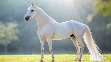 Majestic Arabian Horse Standing Gracefully in Sunlit Meadow with Scenic Landscape Background Beautyの素材