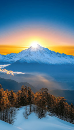 Breathtaking Aerial View of Majestic Snow-Covered Mountain Peak at Dawn, Illuminated by Rising Sunの素材