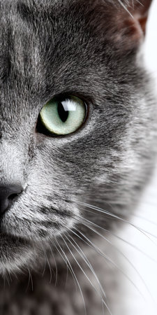 Elegant Russian Blue cat with striking green eyes and sleek silver fur in a calm setting.の素材