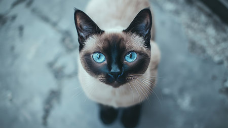 Charming Young Cat with Blue Eyes and Seal Point Coat Posing Indoors Against Gray Backgroundの素材