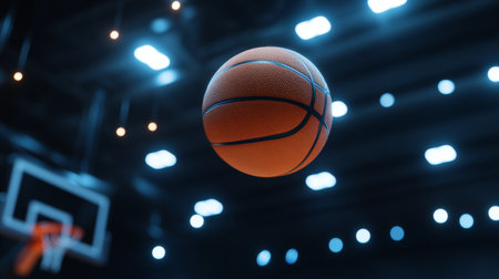 Dynamic Basketball Shot in Indoor Arena Player Launches Ball into Air, Lights Illuminate Actionの素材