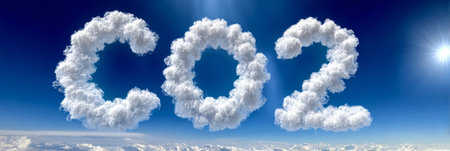 High Flying CO2 Concept Cloud Formation Creates Letters CO2 in a Clear Blue Sky Representing Changeの素材
