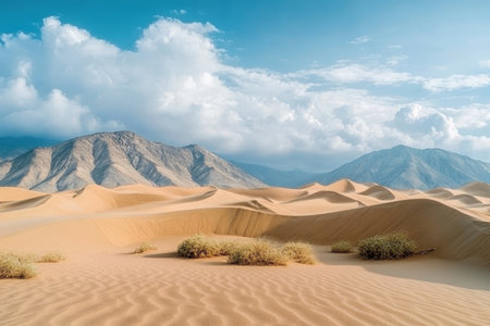 Golden Sand Dunes and Majestic Mountains Under Wispy Clouds in a Vast Arid Desert Landscapeの素材