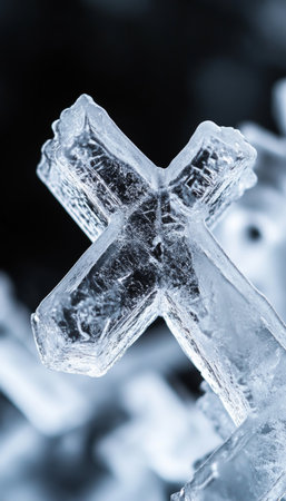 Stunning Macro Photography of Ice Crystals A Gleaming Cross Reflecting Ethereal Textures and Beautyの素材