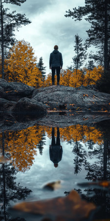A Serene Evening by the Water Capturing Tranquility and Natural Beauty Amidst Autumn s Colorsの素材