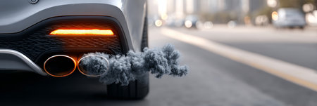 Automobile Tailpipe Emissions Dark Exhaust Bellowing, Vehicle Smoke Polluting the Atmosphereの素材
