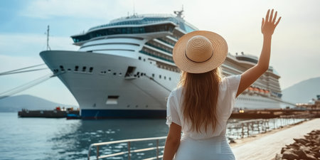Excited blonde woman waving goodbye as she embarks on a large sea cruise ship adventure.の素材