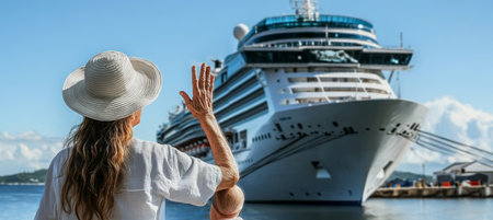 Elegant woman in a stylish hat joyfully waving at a large cruise liner approaching the harbor.の素材