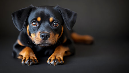 Adorable Rottweiler Puppy with Captivating Gaze on a Soft Grey Backdrop, Charmingly Cute and Playfulの素材