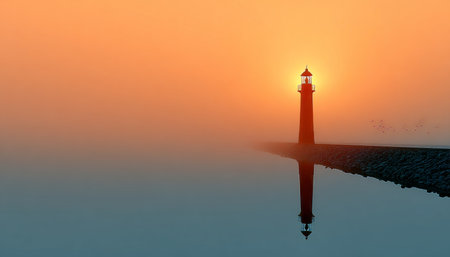 Majestic Lighthouse Standing Tall on Rocky Cliff, Guiding Ships Through Dense Fog at Sunsetの素材