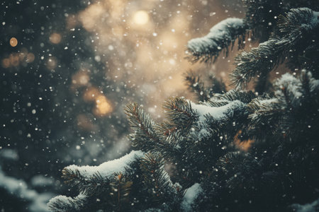 Enchanting Winter Wonderland with Glistening Snowflakes Falling on Majestic Evergreen Treesの素材