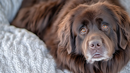 Adorable Newfoundland Dog with Gentle Eyes and Soft Fur Snuggling on a Cozy Blanket, Close Up Viewの素材