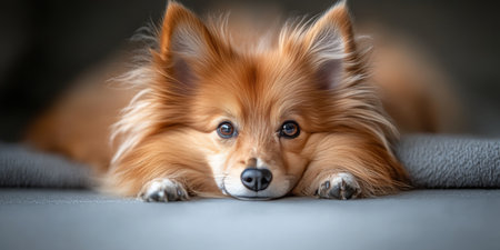 Charming and Adorable Pomeranian Dog with Captivating Eyes Resting on Soft Gray Backgroundの素材