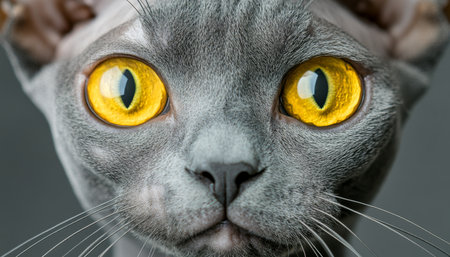 Close-Up of a Serene Sphynx Cat with Large Golden Eyes on a Plain Gray Background for Animal Loversの素材