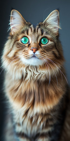 Beautiful Norwegian Forest Cat with Emerald Eyes and Luxurious Multi-Colored Fur in Captivating Poseの素材