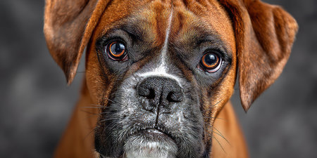 Close-Up of a Tender Boxer Dog with Soulful Gaze, Exuding Warmth and Charm in Natural Lightの素材