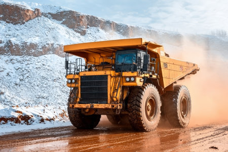 Mining dump truck working at a resource quarry site, transporting materials on a sunny day.の素材