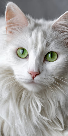 Charming Turkish Angora Cat with Expressive Green Eyes and Fluffy Soft Coat on Gray Backgroundの素材