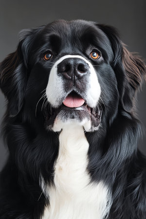 Heartwarming Newfoundland Dog Portrait Featuring Gentle Expression and Warm Eyes on Gray Backgroundの素材