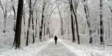 A Solitary Journey Through a Tranquil Winter Wonderland with Snow-Laden Trees and a Lonely Walkerの素材