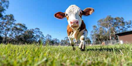 Playful Calf Joyfully Running Towards The Camera in a Sunny Meadow, A Perfect Livestock Momentの素材
