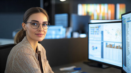 Adult accounting auditor analyzing financial data using online charts application in modern officeの素材