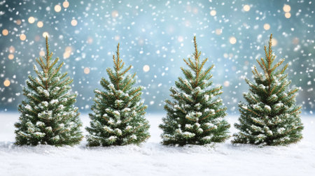 Serene Winter Landscape Featuring Snowy Evergreen Trees and Soft Snowfall in a Peaceful Settingの素材