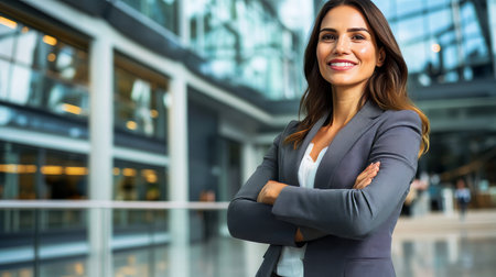Confident Businesswoman in Suit with Arms Crossed Against Large Office Windows, Smiling Cheerfullyの素材