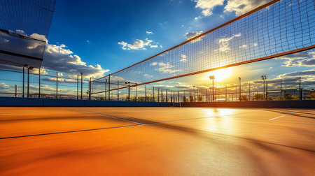 Outdoor Volleyball Court with Net at Sunrise, Ideal for Sports and Active Leisure Activitiesの素材