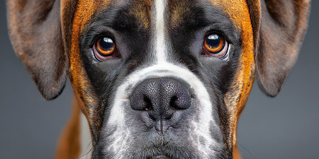 Charming Portrait of a Beautiful Boxer Dog on a Gray Background, Highlighting Its Unique Featuresの素材