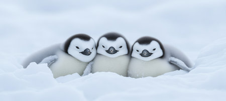 Three Adorable Emperor Penguin Chicks Cuddle Together for Warmth in the Snowy Antarctic Landscapeの素材