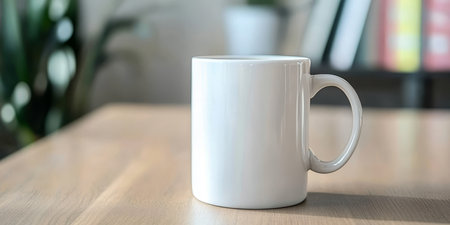 White Ceramic Mug on a Study Table Bathed in Natural Light, Ideal for Morning Breaks and Study Timeの素材