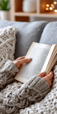Cozy Reading Scene Featuring a Warm Sweater, Thick Book, and Soft Blanket for Ultimate Relaxationの素材