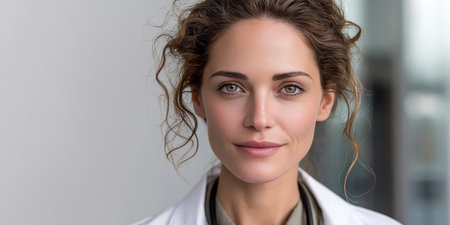 Confident Young Female Doctor in Professional Healthcare Setting, Smiling with Curly Brunette Hairの素材