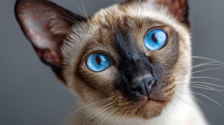 Glamorous Balinese Cat with Stunning Sapphire Eyes Posing Elegantly for a Close-Up Indoor Photoshootの素材