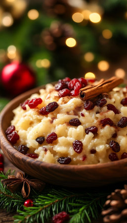 Delicious Festive Rice Pudding with Cinnamon and Raisins, Perfect for Christmas Celebrationsの素材