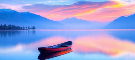 Twilight Serenity A Tranquil Lake Scene at Dusk with Colorful Reflections and Majestic Mountainsの素材