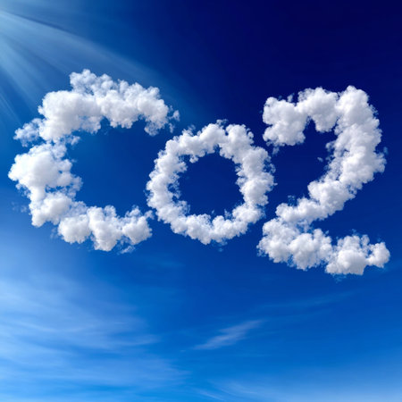 Dramatic Symbolic CO2 Letter Clouds Floating in a Vivid Blue Sky Representing Climate Change Issuesの素材