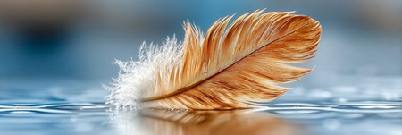 A Serene Golden Feather Gracefully Floating on Calm Water, Capturing Tranquility in Nature s Embraceの素材